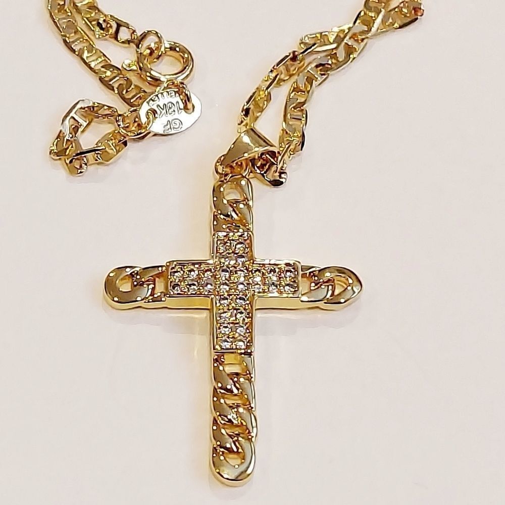 Men's Gold Plated Flat Marine Link Chain w/ Cross pendant